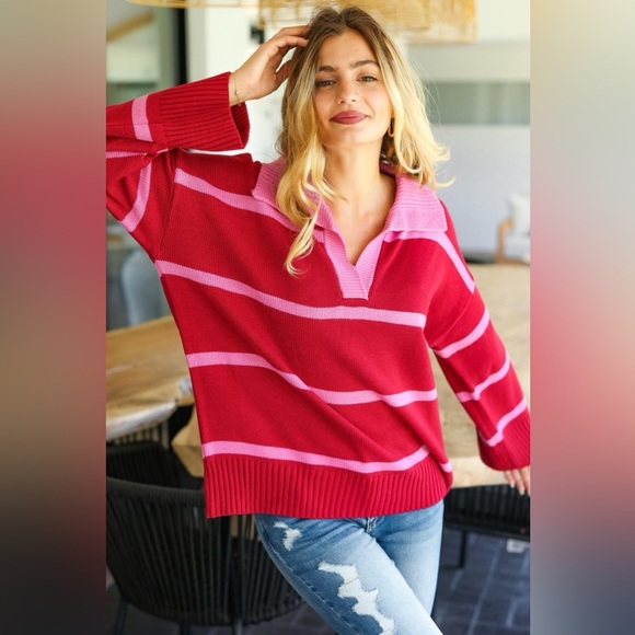 Haptics Collared Neck Striped Contrast Sweater 10010083608 - Picture 3 of 5